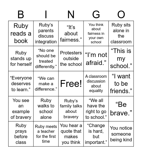 Ruby Bridges Bingo Card