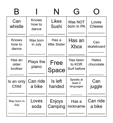 KOR SURF Bingo Card