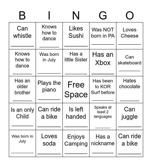KOR SURF Bingo Card