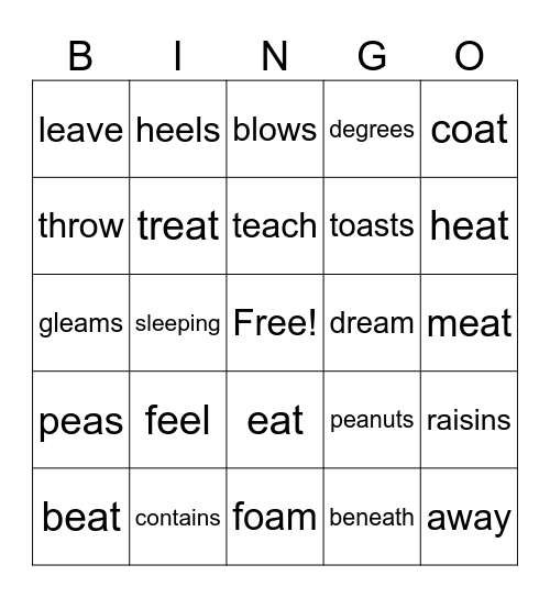 Camp in the Snow ee, ea, ai, ay, oa, ow Bingo Card
