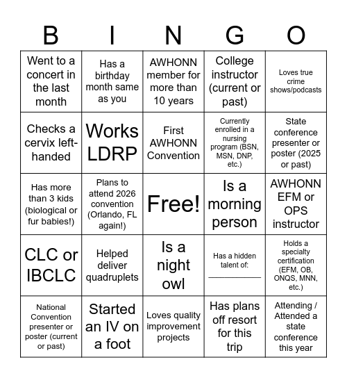 Heartland AWHONN Gathering 2025 Bingo Card