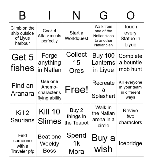 Genshin Bingo 1 Bingo Card