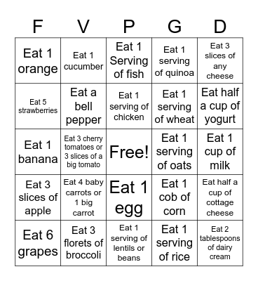 Nutrition Bingo Card