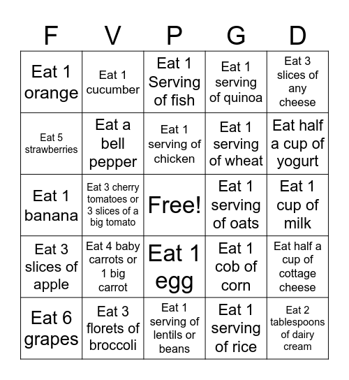 Nutrition Bingo Card