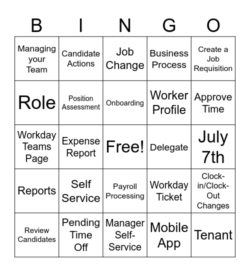 Workday Supervisor Bingo Card