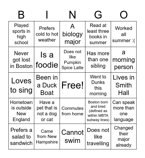 CAS 101 Get to know each other bingo Card