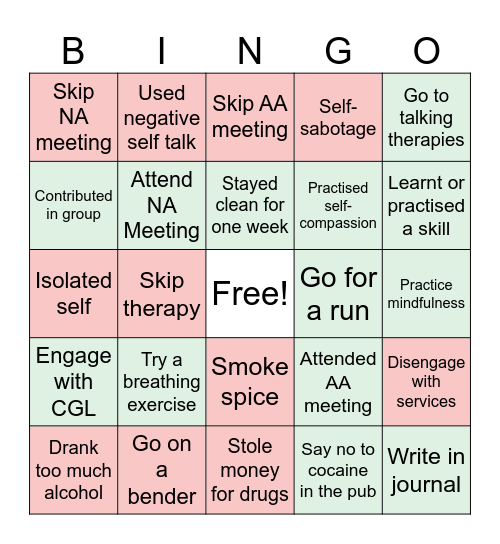 Recovery Bingo Card