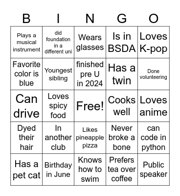 Welcoming Party Bingo Card