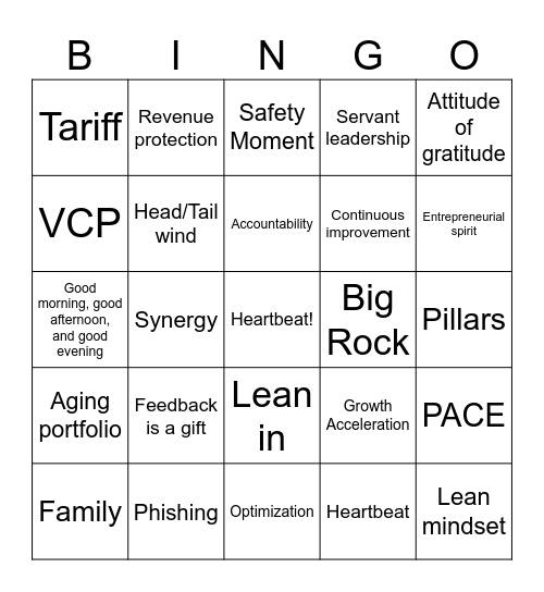 Corporate Lyfee Bingo Card