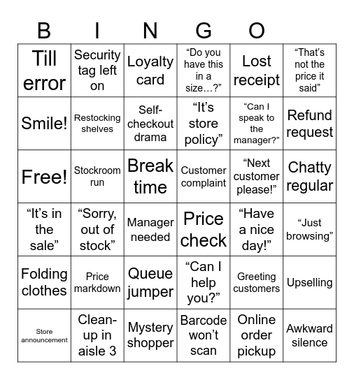 Retail Customer Service Bingo Card