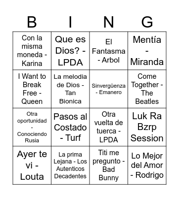 Bingo Musical Bingo Card