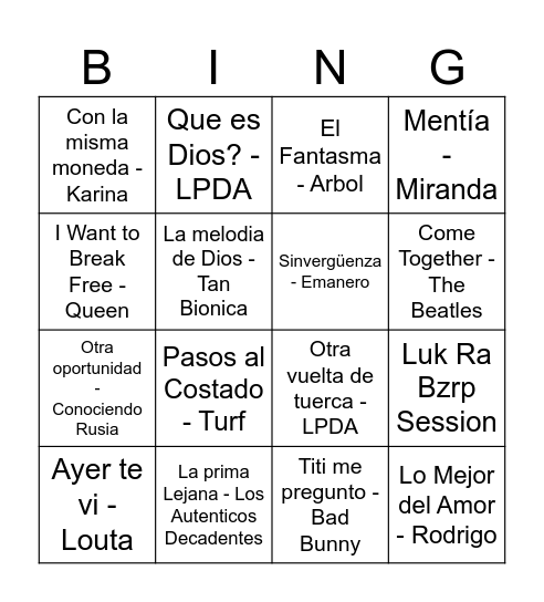 Bingo Musical Bingo Card