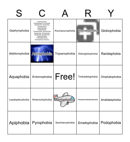 Phobia Bingo Card