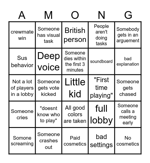 Among Us Bingo Card