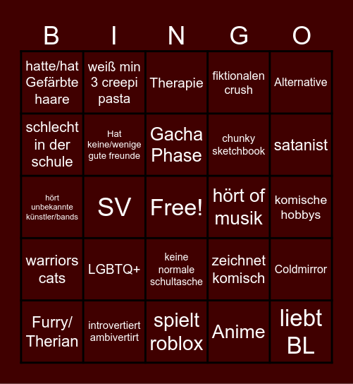 weird kid Bingo Card