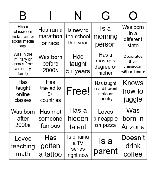 Get to Know Me! Bingo Card