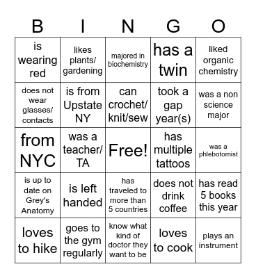 MedSET Orientation People Bingo Card