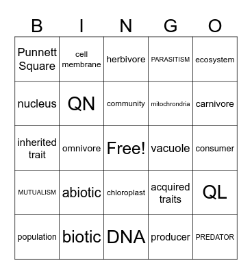 Life Science Bingo Card