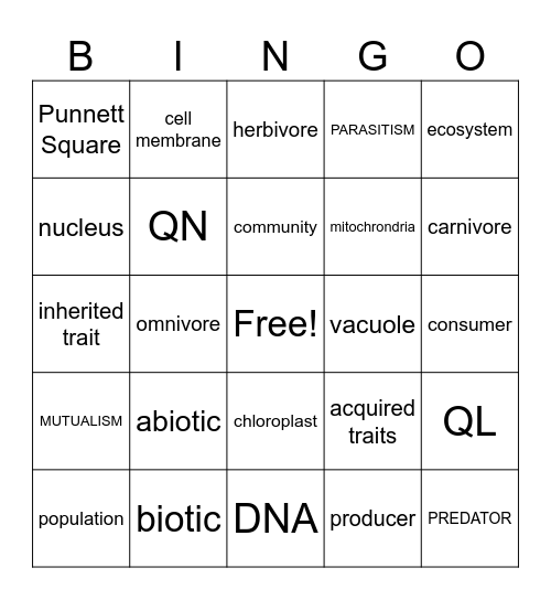 Life Science Bingo Card
