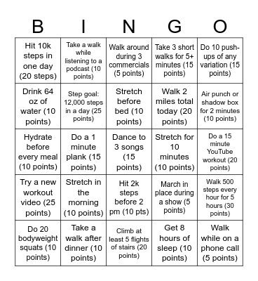 Fitness Bingo Week 1 Bingo Card