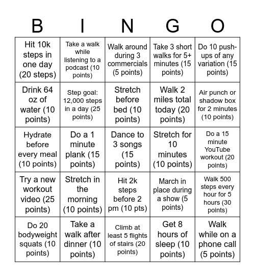 Fitness Bingo Week 1 Bingo Card