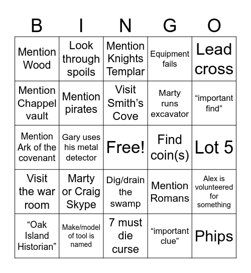 Oak Island Bingo Card