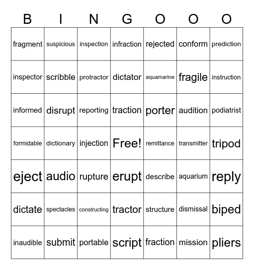 Morpheme Bingo Card