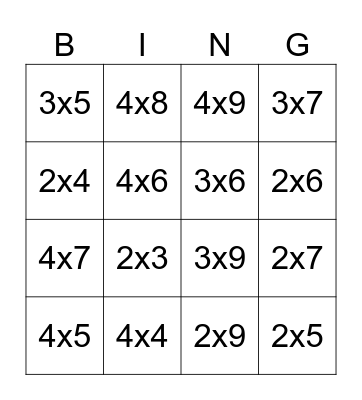 Multiplication 1 Bingo Card