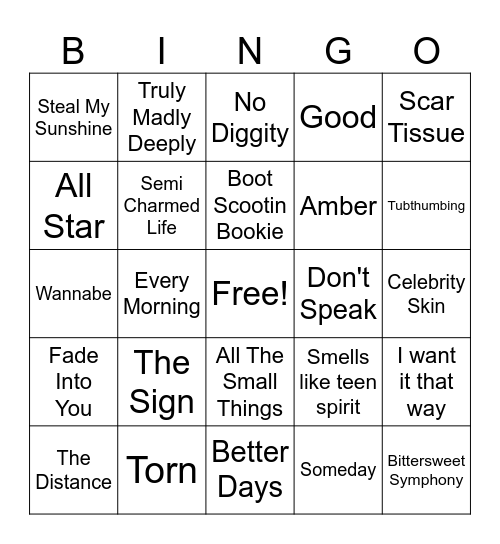 90s Music Bingo Card