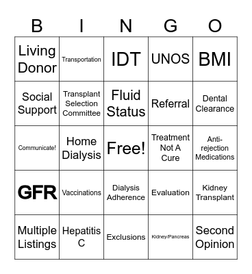 Kidney Transplant Bingo Card