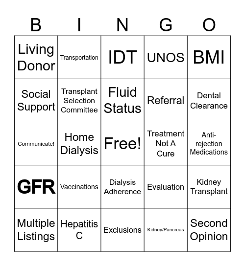 Kidney Transplant Bingo Card