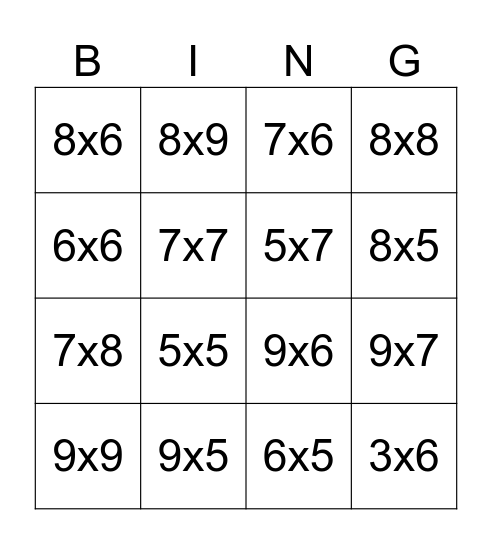 Multiplication 2 Bingo Card
