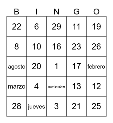 Números, días, meses Bingo Card