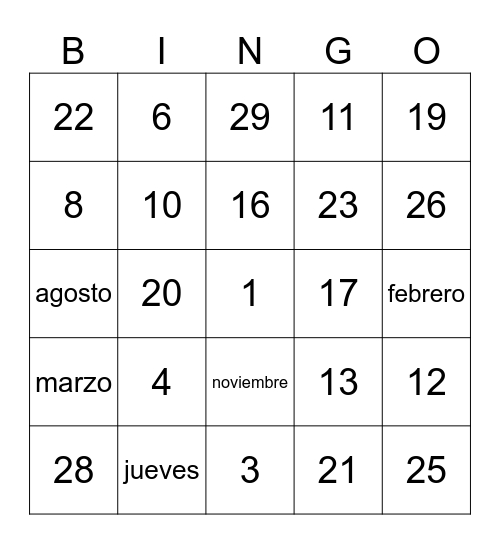 Números, días, meses Bingo Card