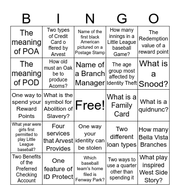 Arvest Bingo Card