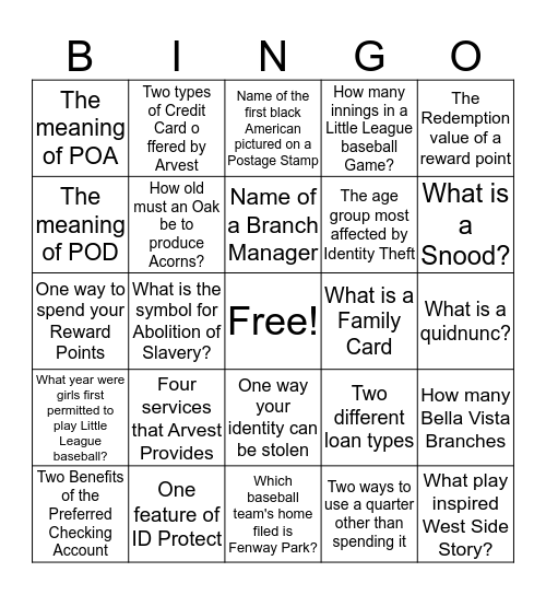 Arvest Bingo Card