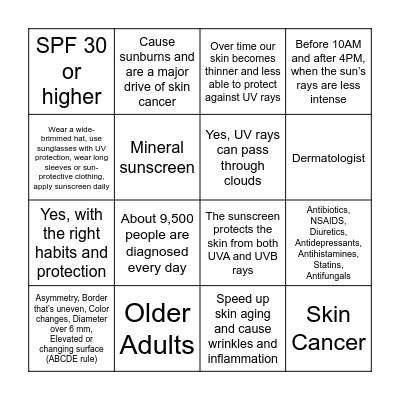 UV Safety Bingo Card