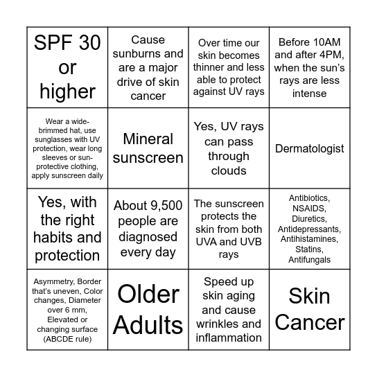 UV Safety Bingo Card