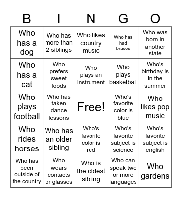 Freshman Orientation Bingo Card