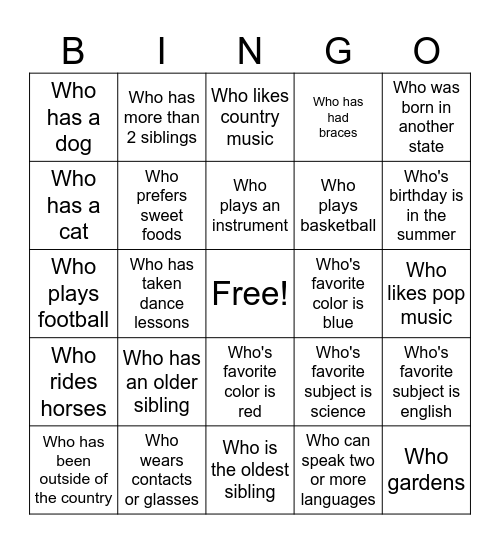 Freshman Orientation Bingo Card