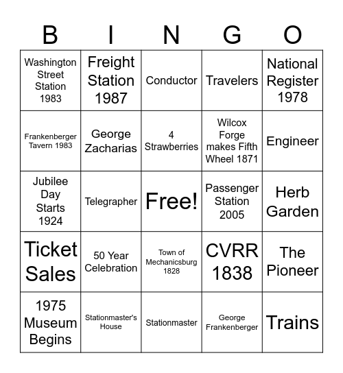 Mechanicsburg Museum 50 Years Bingo Card