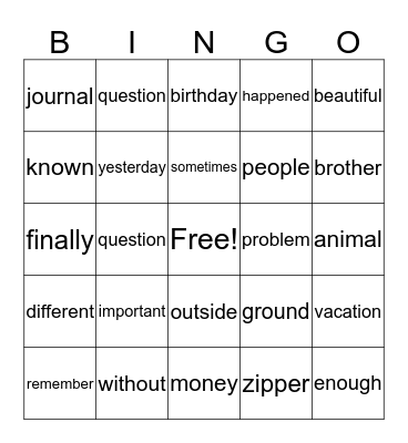 Sight Word Bingo Card