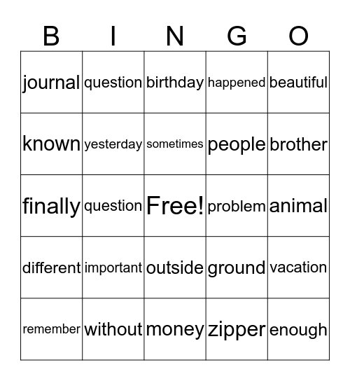 Sight Word Bingo Card