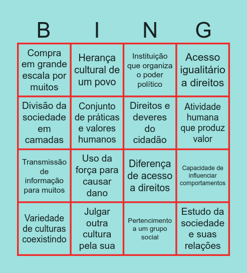 Bingo Sociológico Bingo Card