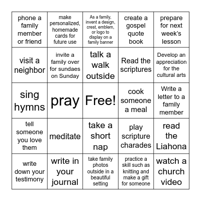Sabbath Bingo Card