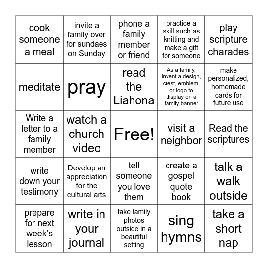 Sabbath Bingo Card