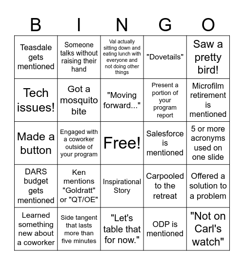 Staff Retreat Bingo Card