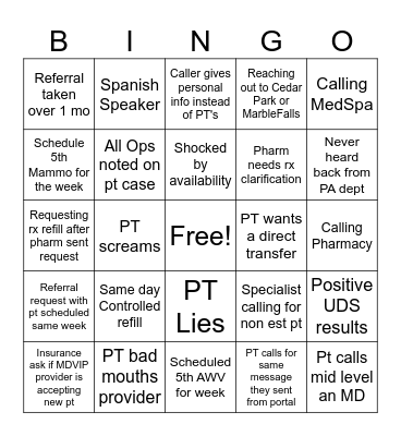 Victory Call Bingo Card
