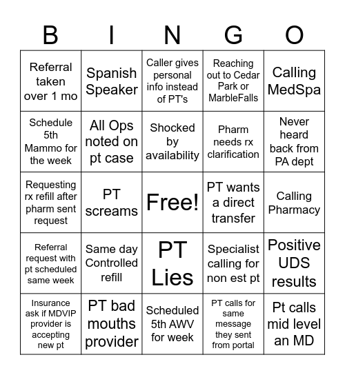 Victory Call Bingo Card