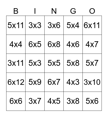 Multiplication 3-6 Bingo Card